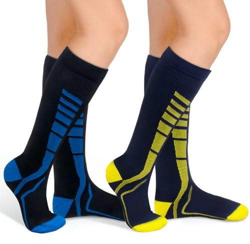 MEGAVOW 2 Paires Chaussettes de Compression Contention, Bas de Contention Homme Femme, Chaussette Haute pour Sport Course à Pied Voyage Avion Ski, S/M, Noir & Bleu Marine