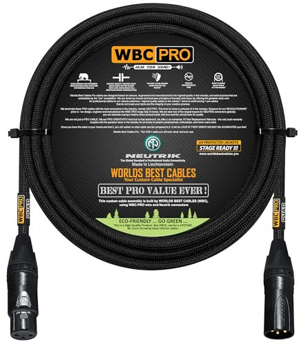 15 Foot - WBC-PRO-Quad Ultra-Silent Ultra-Flexible Balanced Star-Quad Cable with Neutrik Male & Female XLR Plugs & Black Tweed Jacket