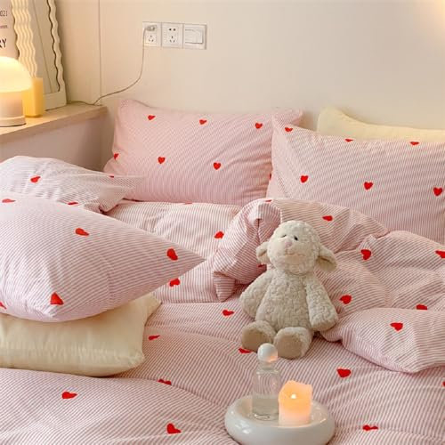 Lanqinglv Single Duvet Cover Set Pink for Kids Girls,Heart Striped Pattern Bedding Cute Comforter Cover 135x200 cm with Zipper Closure and 1 Pillowcase 50x75 cm