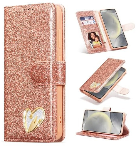 SEHEYA für Samsung Galaxy A55 5G Klapp-Handy Hülle Roségold PU Leder Glitzer Herz Diamond Design Mädchen Handyhülle Flip Brieftasche Kartenslots Schutzhülle für Galaxy A55 5G