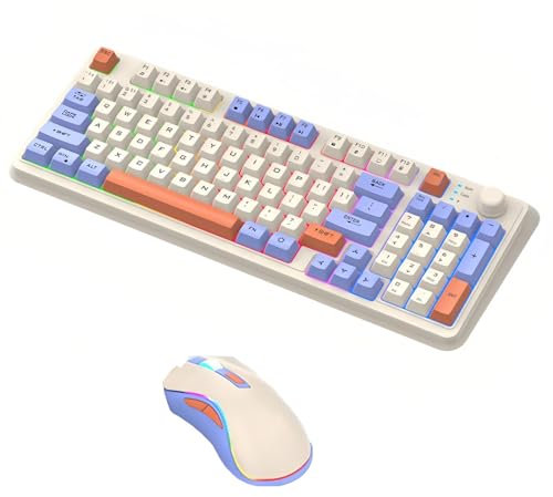 Lancoon 2.4G Set tastiera e mouse senza fili con controllo del volume, 94 tasti, doppia modalità, supporto regolabile, mouse wireless ricaricabile, DPI regolabile per computer (blu)