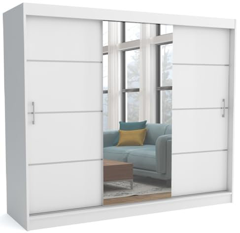 Brent - Kleiderschrank mit Spiegel 240cm Breit Windsor Tomy I Schlafzimmerschrank mit 2 Kleiderstänger und Einlegeböden für Kleidung I Kleiderschrank Weiß