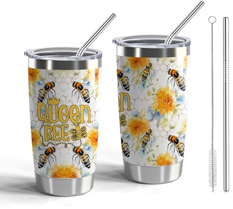 Bee Lover Gifts Bee Isolierbecher aus Edelstahl, 590 ml, mit Deckel und Strohhalm, Reisebecher, Bienen-Thema, Reise-Kaffeetasse, Inspiration, Honigbienengeschenke (Tumbler-Queen Bee)