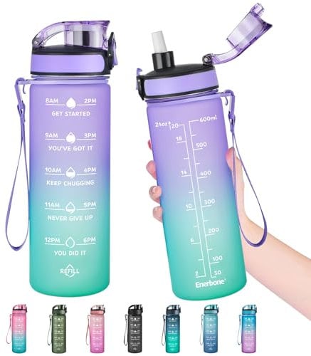 Enerbone Wasserflasche, auslaufsicher, BPA- und giftfrei, motivierende Wasserflasche mit Trinkzeiten und Strohhalm, Fitness-Sport-Wasserflasche mit Gurt, für Büro, Fitnessstudio, Outdoor-Sport, 680 ml