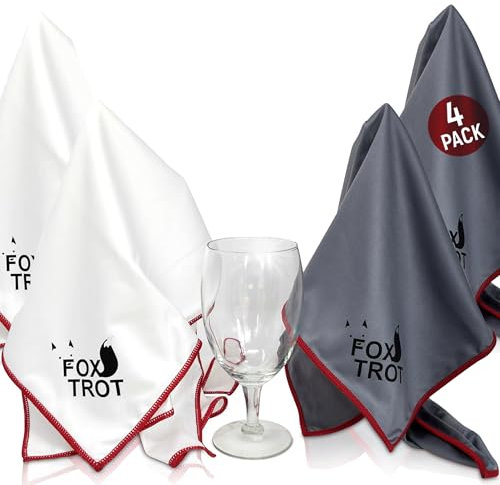 Fox Trot Große Mikrofaser-Poliertücher (4 Stück, Weiß | Grau), streifenfrei, fusselfreier Glanz und Klarheit für Weingläser, Stielgläser und mehr
