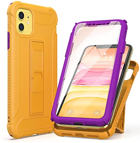 ORETECH for iPhone 11 Case, Built-in Kickstand Phone Holder - Yellow | 2 x Tempered Glass Screen Protectors, Heavy Duty Military Grade Drop Shockproof Protection