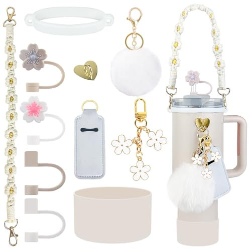 Velaco 11 PCS Accessories for Stanley Cup, Water Bottle Handle Strap for Stanley 30/40 oz tumbler with handle, including Straw Toppers, Silicone Cup Boot, Keychain Charms - White