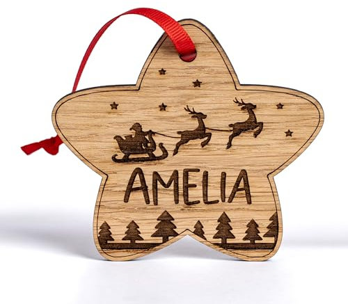 Personalised Christmas Star Ornament, Wooden Christmas Tree Decor, Xmas Hanging Decoration, Unique Gift For Couples Or Families, Seasonal Gift for Girls, Boys, Gift for Her Him