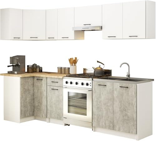 AKORD | Juego de muebles de cocina Olivia 3 m | Cocina completa pequeña | Componible | a medida 46 x 180 x 174 cm | Para un diseño moderno y tradicional | Blanco y cemento frontal
