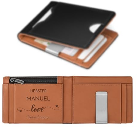 Maverton Slim Wallet mit Münzfach für 9 Karte - Geldbörse Herren aus echtem Rindsleder - Geschenke für Männer - personalisierte Geschenke für ihn - schwarz-braun