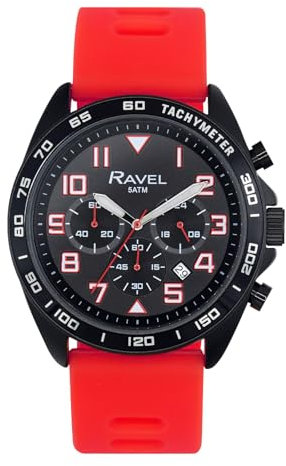 Ravel Plus - Schwarze Chronographen-Sportuhr für Herren (46 mm) mit Silikonarmband - 50m Wasserdicht - Japanischer Analogquarz - RP.CHR.001M - Rot