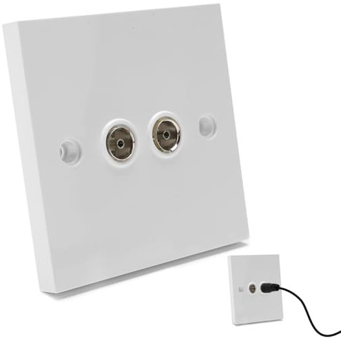 TV Aerial Socket Plate,Double FM Coaxial Satellite Wall Socket Cable Faceplate Outlet Cover for Television Radio Connections Dual 2 Gang White