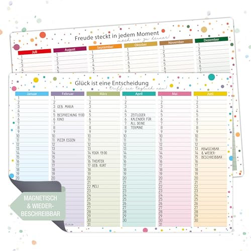 TOBJA Magnetischer Immerwährender Kalender (2x A4) - Geburtstagskalender A4, 6 Monate je Kalender | Abwischbar & Wiederverwendbar, Dots-Design Jahresunabhängig (Dots magnetisch)