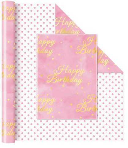 WERNNSAI Carta da regalo di compleanno – 1 rotolo di carta regalo di compleanno rosa ragazza regalo di compleanno per bambini da sogno carta da regalo con linea tagliata, pellicola dorata, 43 cm x 10