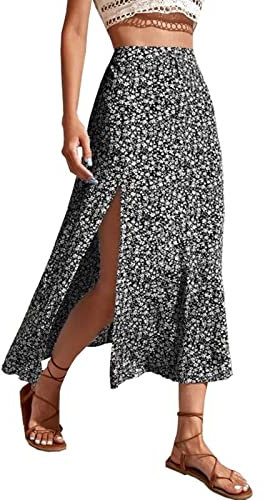 Jupes bohème pour femmes, jupe longue à motif floral pour femmes, jupes d'été longues et fluides pour femmes, jupes à carreaux pour femmes, Noir , L