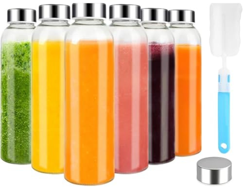 SFHKZCM 6 Pack 500ml Glass Juice Bottles with Lids & Funnel, Reusable Drinking Bottles for Milk, Smoothies & Cold Drinks,Includes Cleaning Brush (Home & Travel Use)