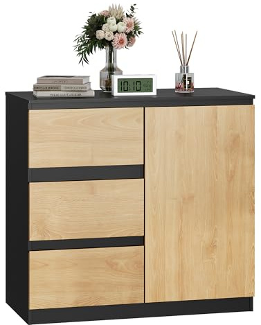 WLIVE Wooden Sideboard Chest of Drawers with 3 Drawers, 80 x 75 x 40cm, Oak | Kitchen Storage Cupboard with 3 Drawers & 1 Door, TV Stand, Buffet Table for Dining Room Living Room Hallway