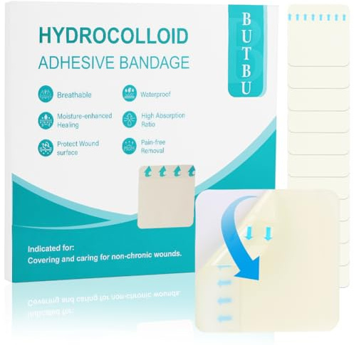 BUTBU Lot de 12 Pansements Adhésifs Hydrocolloïdes 5 x 5 cm – pour Coupures, Écorchures, Brûlures Superficielles et Épaisses Partielles, Escarres et Ulcères Veineux de la Jambe