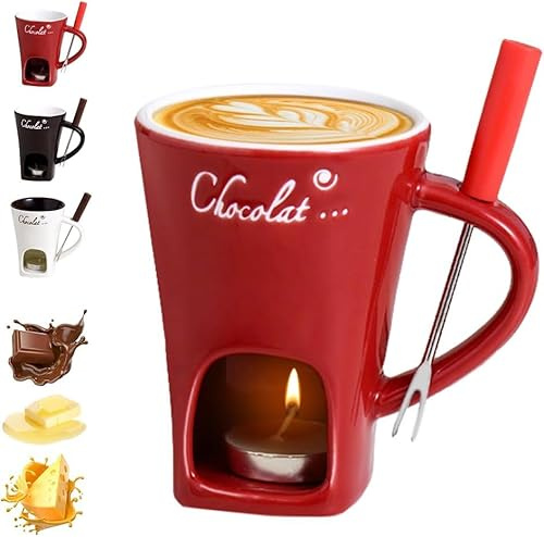 Aodejoy Schokofondue Tasse Set mit Gabel,Becher zum Schmelzen von Schokolade,Keramik Schoko Fondue Tassen,Mehrzweck Schokoladenfondue Tasse Set,Wärmebecher für Käse Butter Süßigkeiten Karamell (Rot)