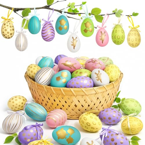 24 Pezzi Uova di Pasqua Decorative, 6 x 4 cm Decorazioni Pasquali da Appendere, Decorazione Pasquale per Albero di Pasqua, Regali pasqua, Decorazionis fai da te (Stile A)