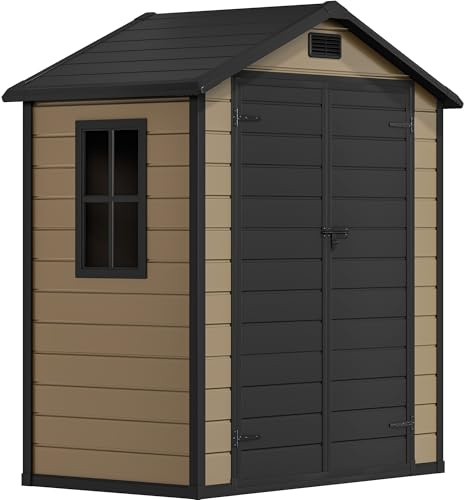 YITAHOME Kunststoff Gartenhaus 6,2x3,4 Fuß (ca. 189x104cm) mit Lüftung & Fenster, Aufbewahrungsschuppen mit abschließbarer Tür und integriertem Boden für Garten, Hof und Terrasse, Braun Schwarz