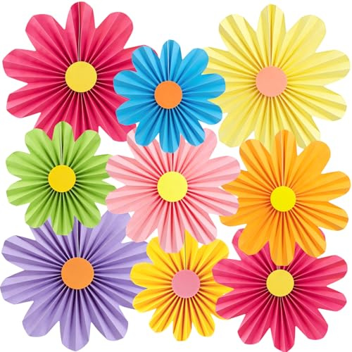 SUNBEAUTY 9Pc Colorful Fiesta Hanging Paper Flower Mexican Party Decoration | Hanging Paper Flowers DIY Cute Daisy Paper Flowers for Party Birthday Tea Party Spring Summer Classroom Decoration