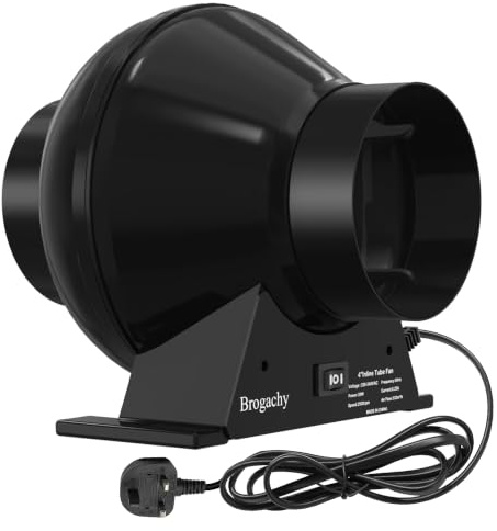 Brogachy Inline Extractor Fan 100mm lower noise For Garage Basement | 4 inch Duct Fan Adjustable Speed Controller, UK Plug, For Basements Bathroom Kitchen Office Grow Rooms