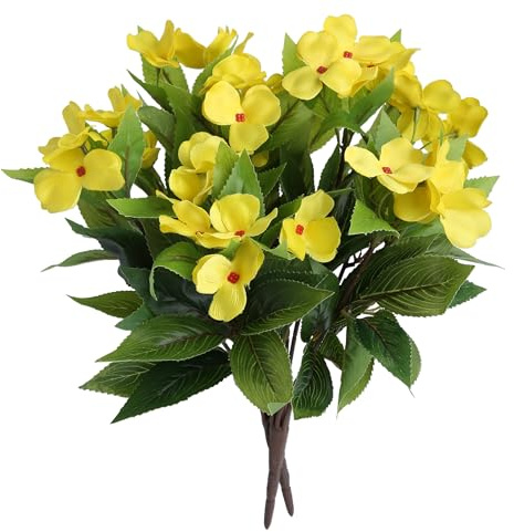 GJFWQC 2 Pcs Yellow Artificial Impatiens Flowers for Outdoor Decor | Faux silk impatiens bushes for patio, lawn, garden pots, hanging baskets and outdoor greenery decoration