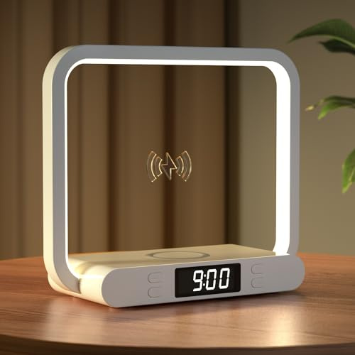 VOSFEEL Nachttischlampe mit 15W Kabelloser Ladefunktion & USB-Anschluss, Nachttischlampe mit Uhr,Touch Dimmbar 3 Helligkeitsstufen Tischlampe Für Schlafzimmer Wohnzimmer Büro