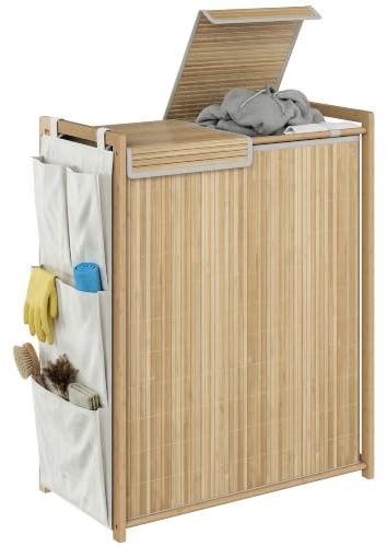HOMCOM Wäschekorb mit Deckel 120L aus Bambus mit 2 Fächern Naturholz | Griff, Abnehmbarer Kordelzug-Sack, Seitentaschen, Wäschesammler, Wäschebox, für Waschküche Schlafzimmer Badezimmer