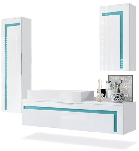 Vladon Set di mobili per Il Bagno Mobile Contenitore Aloha, Struttura in Bianco Opaco/Frontali in Bianco Lucido e sfalsati in Petrolio Lucido, con lavabo da banco