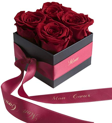 Rosenbouquet Flowerbox Mon Coeur - Mein Herz 4 ewige Rosen langhaltend 3 Jahre/Blumenbox/Rosenbox/Liebe/Liebesbotschaft von ROSEMARIE SCHULZ® Heidelberg (Dunkelrot)