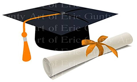 6 Round - Orange & Black Graduation Cap and Diploma Birthday - Edible Cake Cupcake Party Topper - D22823