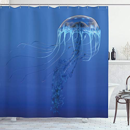 ABAKUHAUS Qualle Duschvorhang, Blue Ocean Tier, Stoffliches Gewebe Badezimmerdekorationsset mit Haken, 175 x 240 cm, Blau