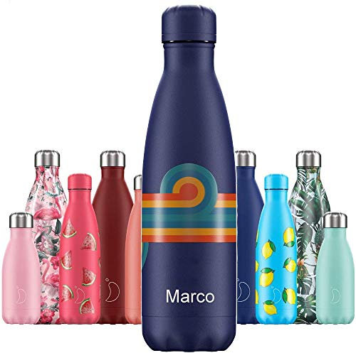 Chillys Isolierflasche MIT Gravur (z.B. Namen) Retro Swirl Wirbel blau 500 ml, hält bis zu 12 Std heiß / 24 Std kalt, auslaufsicher, kohlensäuredicht, Thermo-Flasche Trinkflasche Bottle
