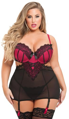 Lovehoney Lingerie for Women Black Boudoir Belle Cherry Cut-Out Satin Chemise Set - Padded Underwired Cups & G String - Small: 6-8