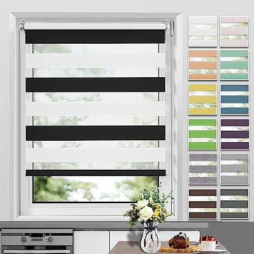 Allesin Doppelrollo Klemmfix ohne Bohren & mit Bohren, Duo Rollos für Fenster und Tür, Klemmrollo Fensterrollo lichtdurchlässig, Sichtschutz und Sonnenschutz, 100x140cm (BxH), Schwarz-Weiss