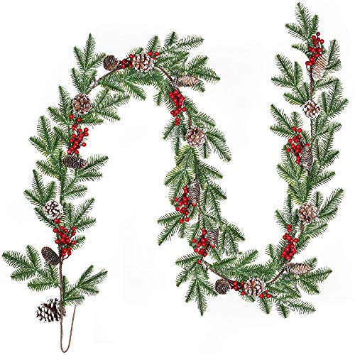 Artiflr 6 Feet Artificial Christmas Pine Garland with Red Berry Branch Pine Cone Spruce Cypress Berries Winter Greenery Garland for Holiday Season Mantel Fireplace Table Runner Centerpiece Décor