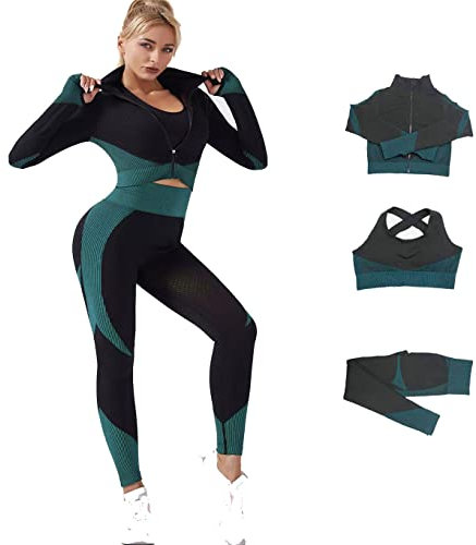 Veriliss Tracksuit For Women,3pcs Outfits Workout Joggers Yoga Gym Sportswear Leggings And Stretch Sports Bra Jumpsuits Clothes Sets (FinchBlue,M)