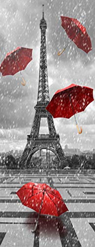 A.Monamour Türtapete Selbstklebend Türfolie Türposter 3D Pariser Eiffelturm Mit Fliegenden Roten Regenschirmen Regenschwarzweiß Vinyl Folie Türdeko Tapete Wandbild Türaufkleber Türtattoo 90 x 200 cm