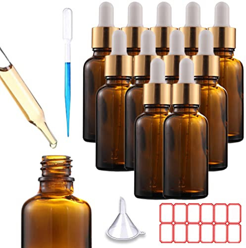ToKinCen 12 x 30 ml Dropper Bottle Amber Glass Bottles with Glass Pipette Essential Oil Bottles for Essential Oils Perfumes Aromatherapy Chemistry Lab Chemicals