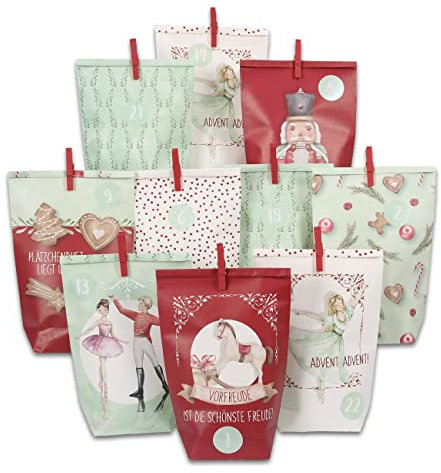 Papierdrachen Adventskalender 2024 zum Befüllen - 24 bedruckte, nachhaltige Geschenktüten in Rot & Mint mit Zahlenaufklebern & Klammern - Nussknacker-Motiv - DIY Bastelset für Weihnachten