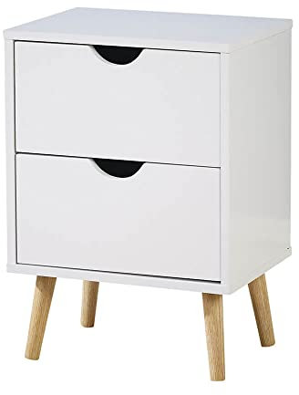 Home Source Skara 2 Drawer Bedside Cabinet, Wooden Side Lamp Table Nightstand, Scandi Legs, White