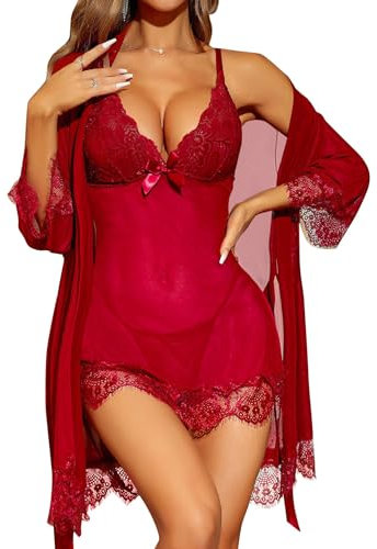 RSLOVE Lingerie Donna Sexy Babydoll in Pizzo Camicia da Notte Set di Pigiama Completo Intimi Vestaglia A Rete Rosso Vino S