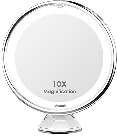 Auxmir Espejo Maquillaje con Luz LED, Aumento 10X con Ventosa Fuerte, Brillo Regulable, Giratorio 360°, Portátil para Pared, Baño, Viaje, Depilación y Cejas, Blanco, Redondo