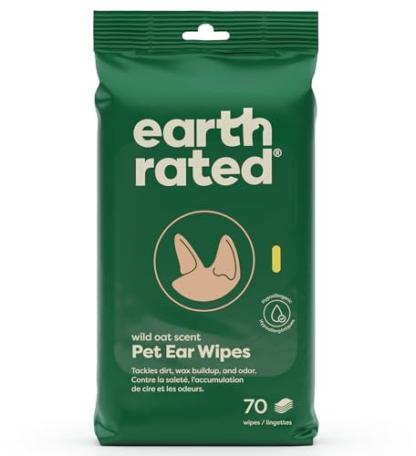 Earth Rated Vet-Developed Pet Ear Wipes, Hypoallergenic Cleaner for Dogs & Cats Ears to Remove Dirt and Wax Build Up, Wild Oat Scent, 70 Count