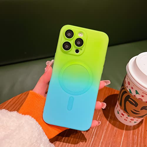 UEEBAI Magnetic Case for iPhone 15 Pro Max 6.7 inch, Bi-color Case Compatible with MagSafe Charger Silicone Cover with Camera Lens Protector Soft Silicon Phone Case - Green Blue