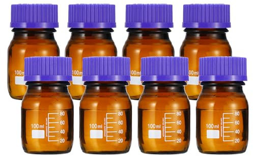 PATIKIL 8 Pack Reagent Media Storage Bottles, 100ml Borosilicate Glass Graduated Round Bottles with GL45 Blue Screw Cap for Lab Water Reagent Liquids, Brown