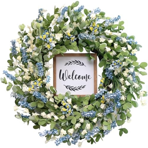 CIR OASES Artificial Blue Wreath, 20 inch, Welcome Sign, Spring/Summer Greenery, Front Door Wall Window Decor