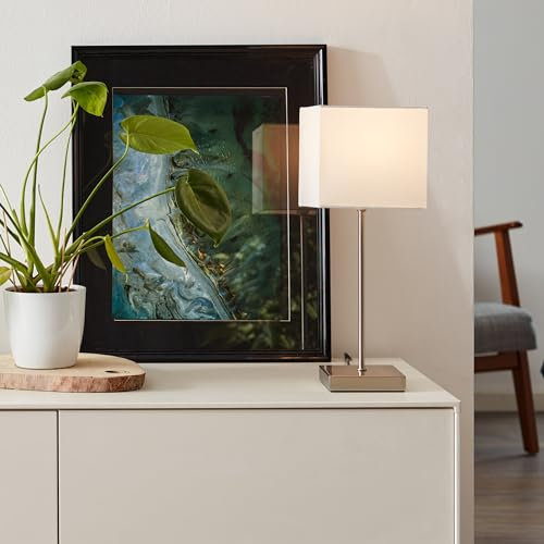 Lightbox zeitlose Nachttischlampe - 43 x 17 x 17 cm - Tischleuchte mit weißem Stoff Schirm & Touchschalter - E14, max. 40 W - aus Metall/Textil